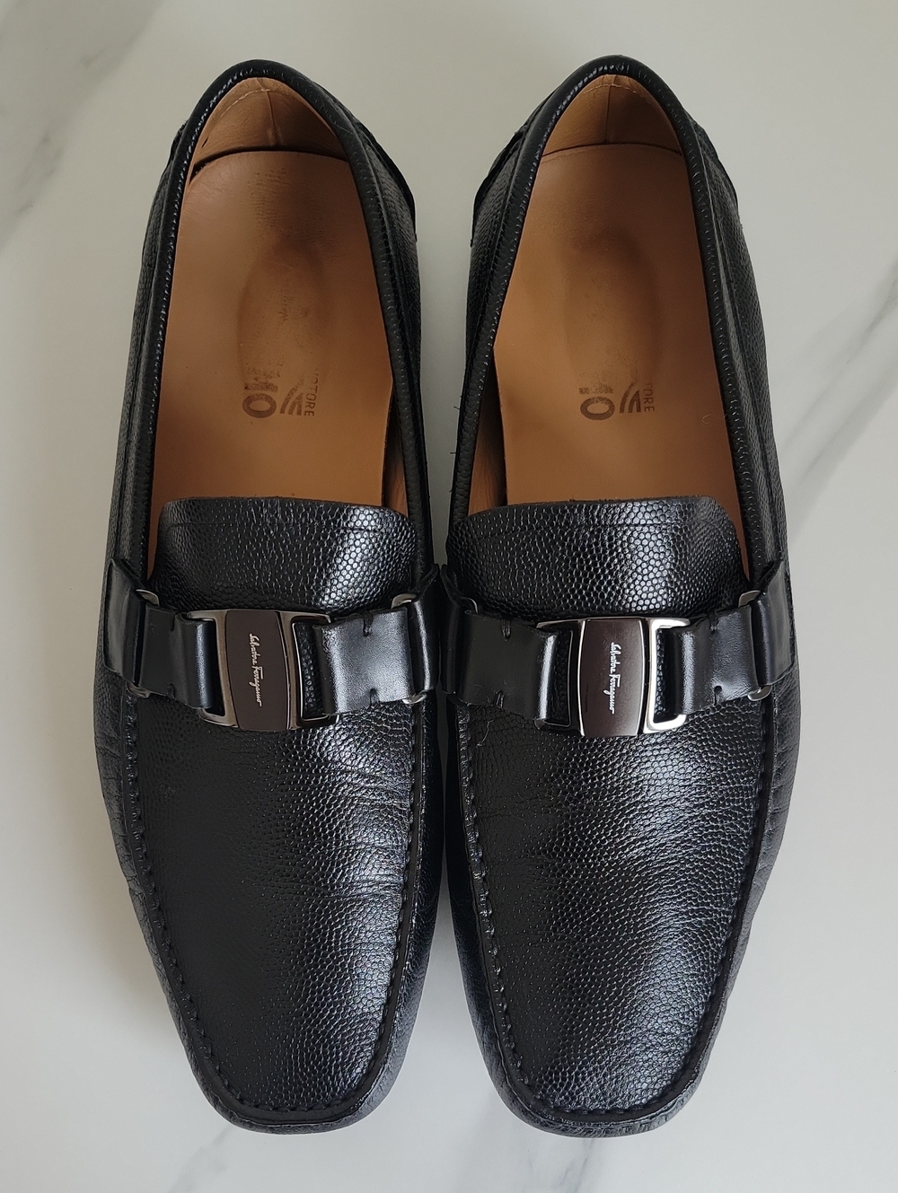 Salvatore Ferragamo Black Pebbled Leather Bit Loafers